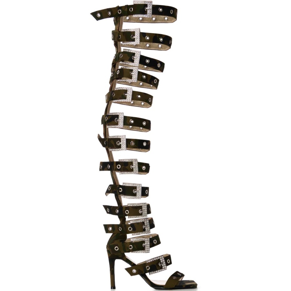 Azalea Wang Harlowe Camo Over the Knee Buckle Up Sandal